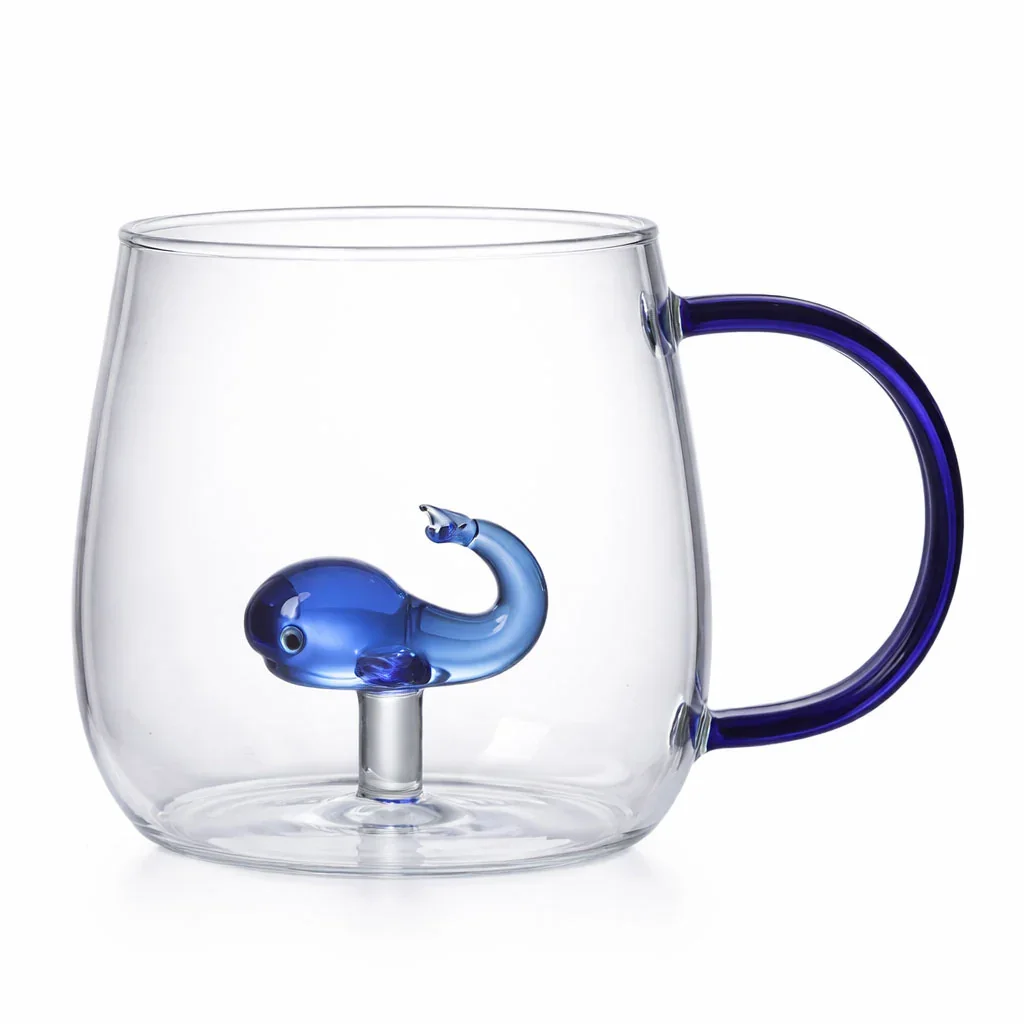 Animal Shape Glass Cup - Cute 3D Handle Mug (Blue Whale)