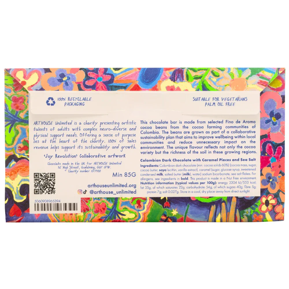 Arthouse Unlimited Dark Chocolate Bar with Caramel Pieces & Sea Salt - Joy Revolution (85g) - Image 4