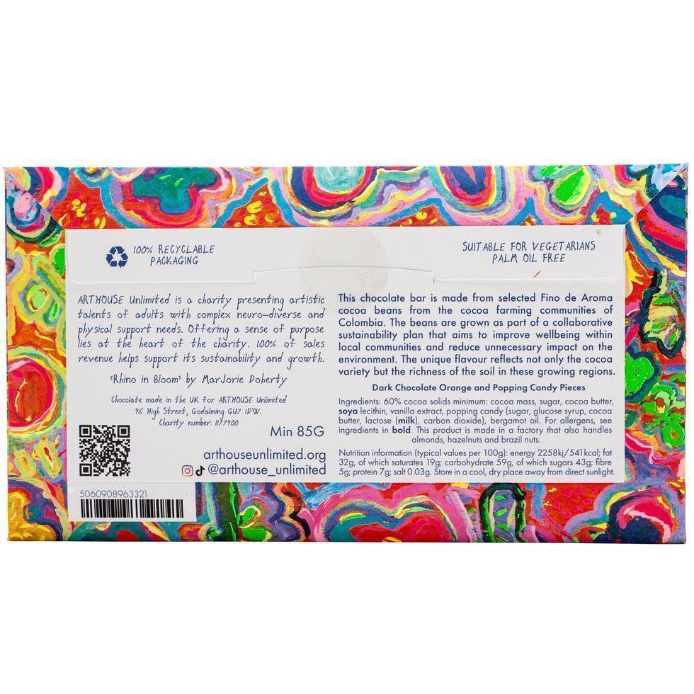 Arthouse Unlimited Dark Chocolate Bar with Orange & Popping Candy pieces - Rhino in Bloom (85g) - Image 5