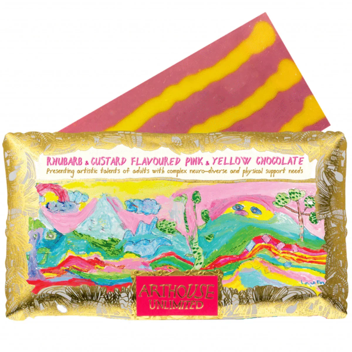 Arthouse Unlimited Rhubarb & Custard Flavoured Pink & Yellow Chocolate Bar - Peace (85g) - Image 4