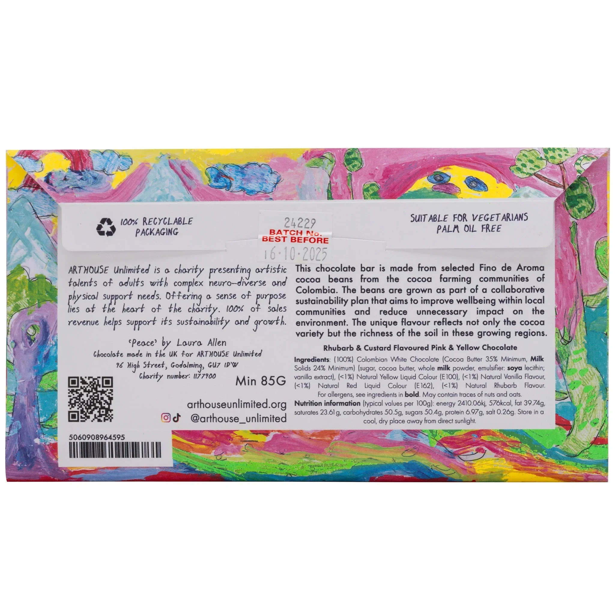 Arthouse Unlimited Rhubarb & Custard Flavoured Pink & Yellow Chocolate Bar - Peace (85g) - Image 5
