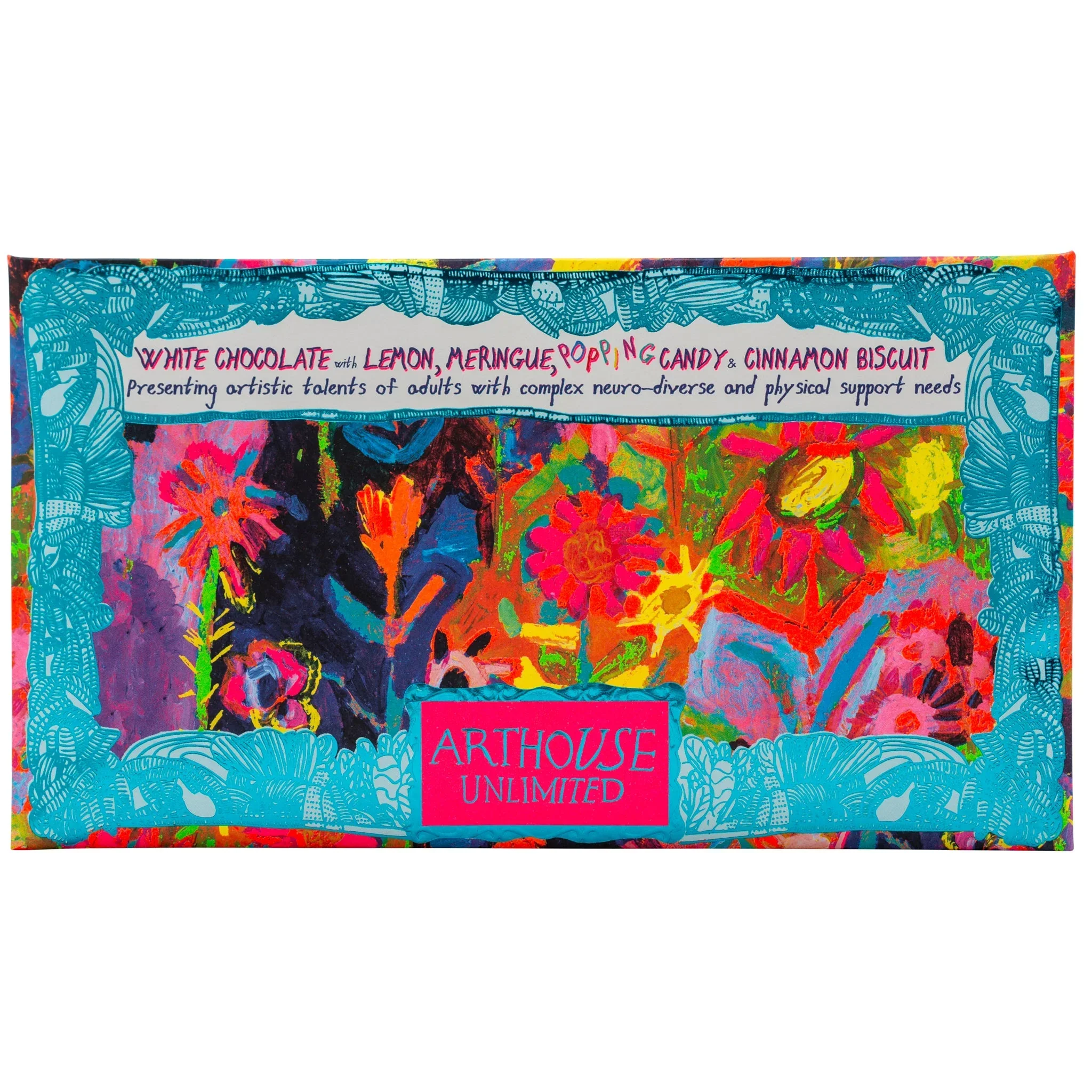 Arthouse Unlimited White Chocolate Bar with Lemon Meringue, Popping Candy & Cinnamon Biscuit Crunch - Sunflowers in the Hills (85g)