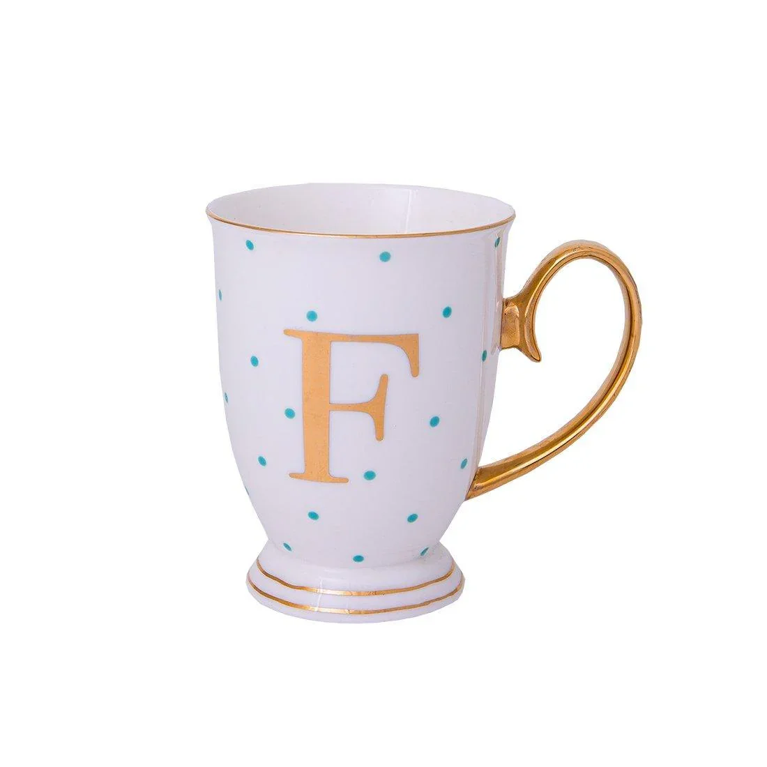 Bombay Duck Alphabet Spotty Metallic Mug Letter F Gold with Aqua Spots