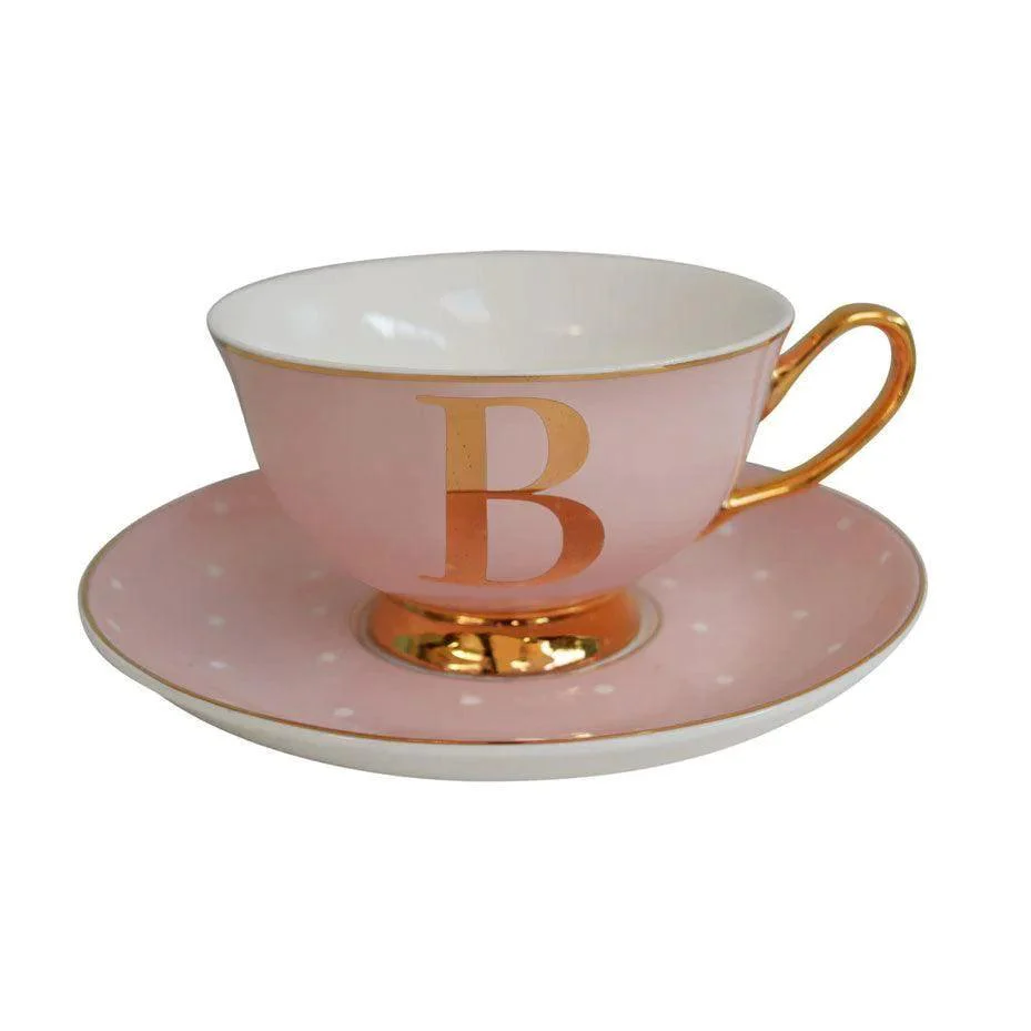 Bombay Duck Bloomsbury Spotty Teacup & Saucer Gold Letter - B