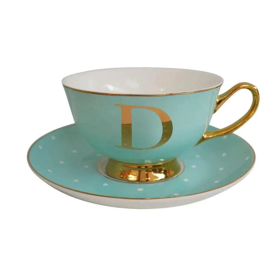 Bombay Duck Bloomsbury Spotty Teacup & Saucer Gold Letter - D