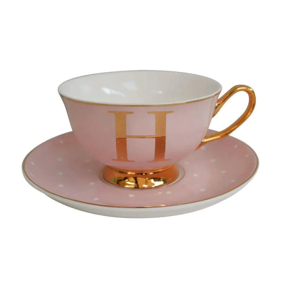 Bombay Duck Bloomsbury Spotty Teacup & Saucer Gold Letter - H