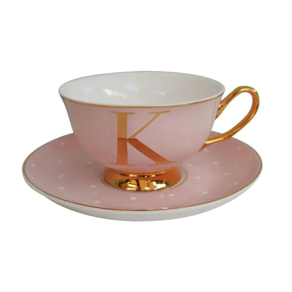 Bombay Duck Bloomsbury Spotty Teacup & Saucer Gold Letter - K