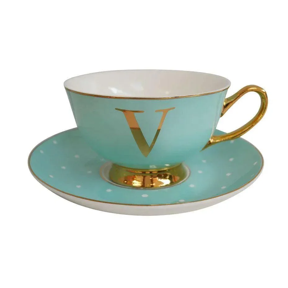 Bombay Duck Bloomsbury Spotty Teacup & Saucer Gold Letter - V