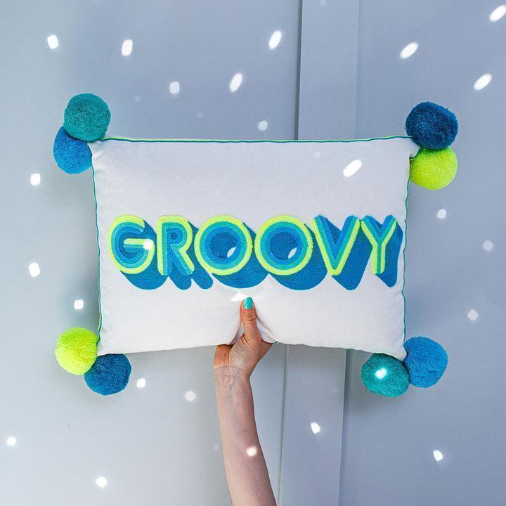 Bombay Duck GROOVY Stripes Embroidered Cushion on Linen - Turquoise & Yellow - Image 2
