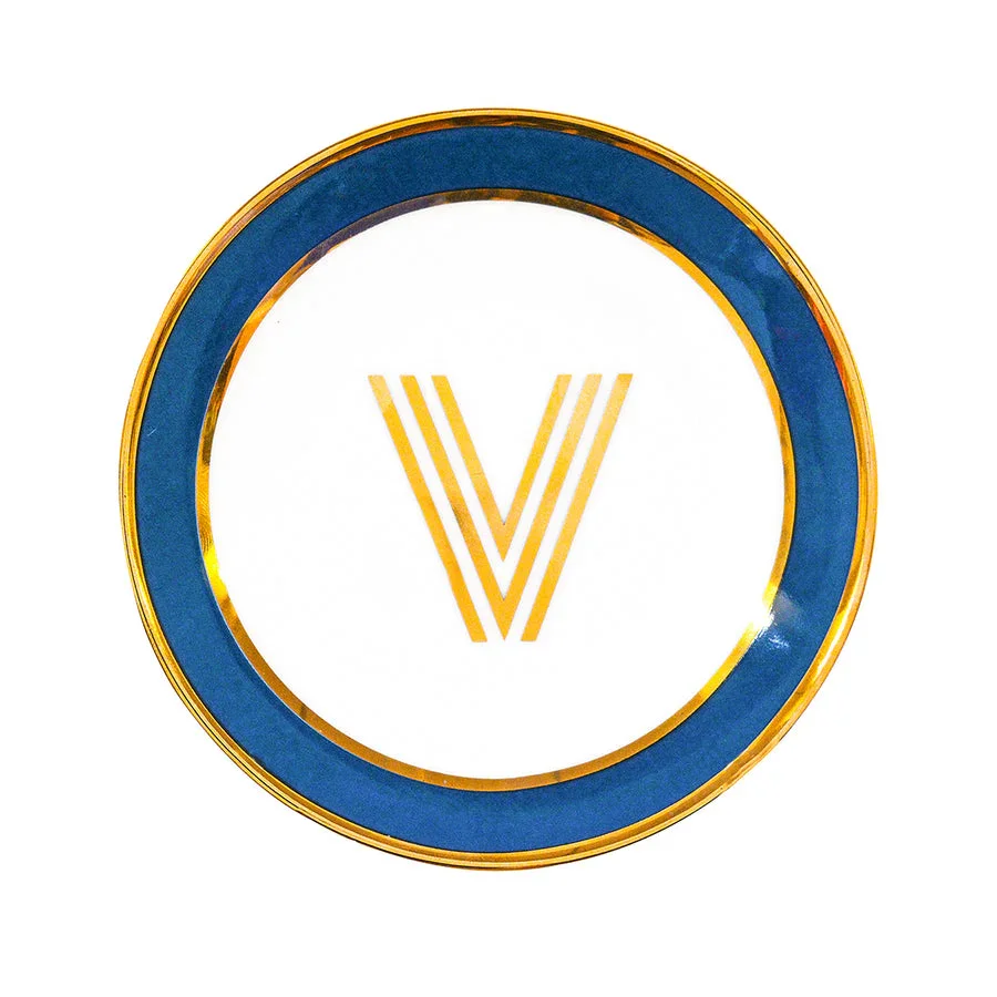 Bombay Duck Library Trinket Dish with Letter V - Petrol Blue (11cm)