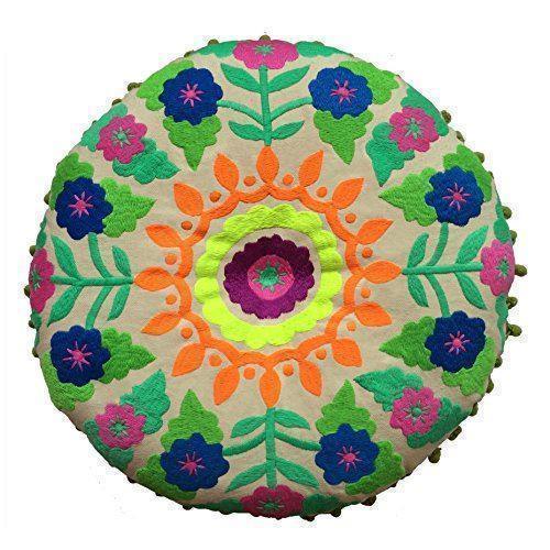 Bombay Duck Tibet Embroidered Cushion Round - Greens (40cm)