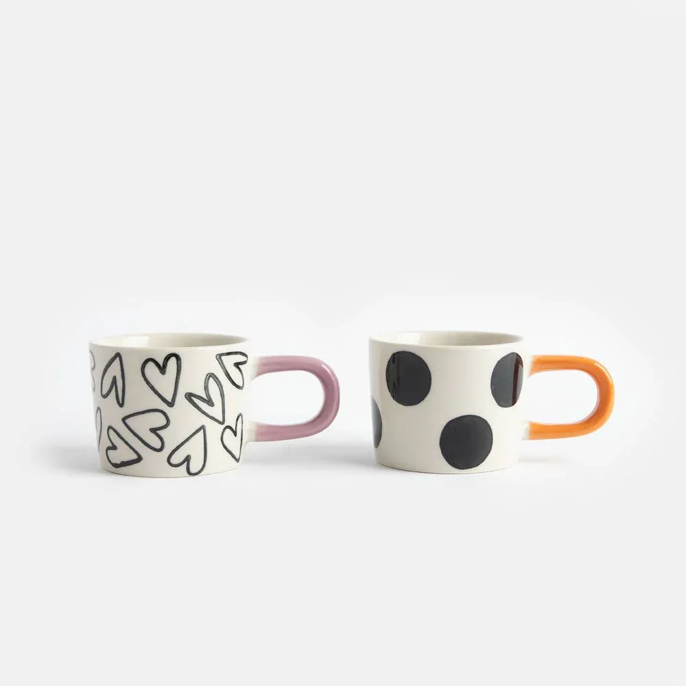 Caroline Gardner Mono Spot/Hearts Set of 2 Espresso Cups