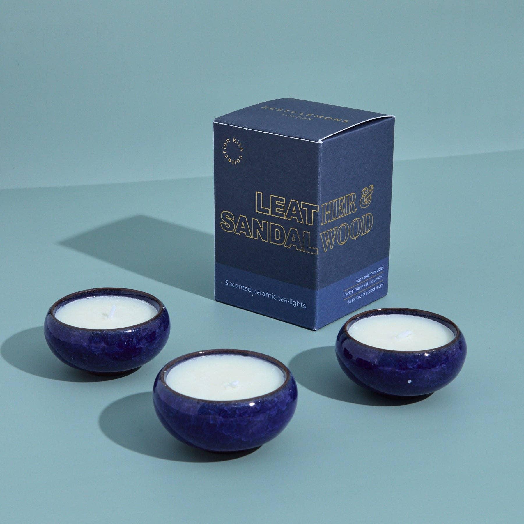 Zesty Lemons Contemporary Kiln Navy Tea Lights - Leather & Sandalwood