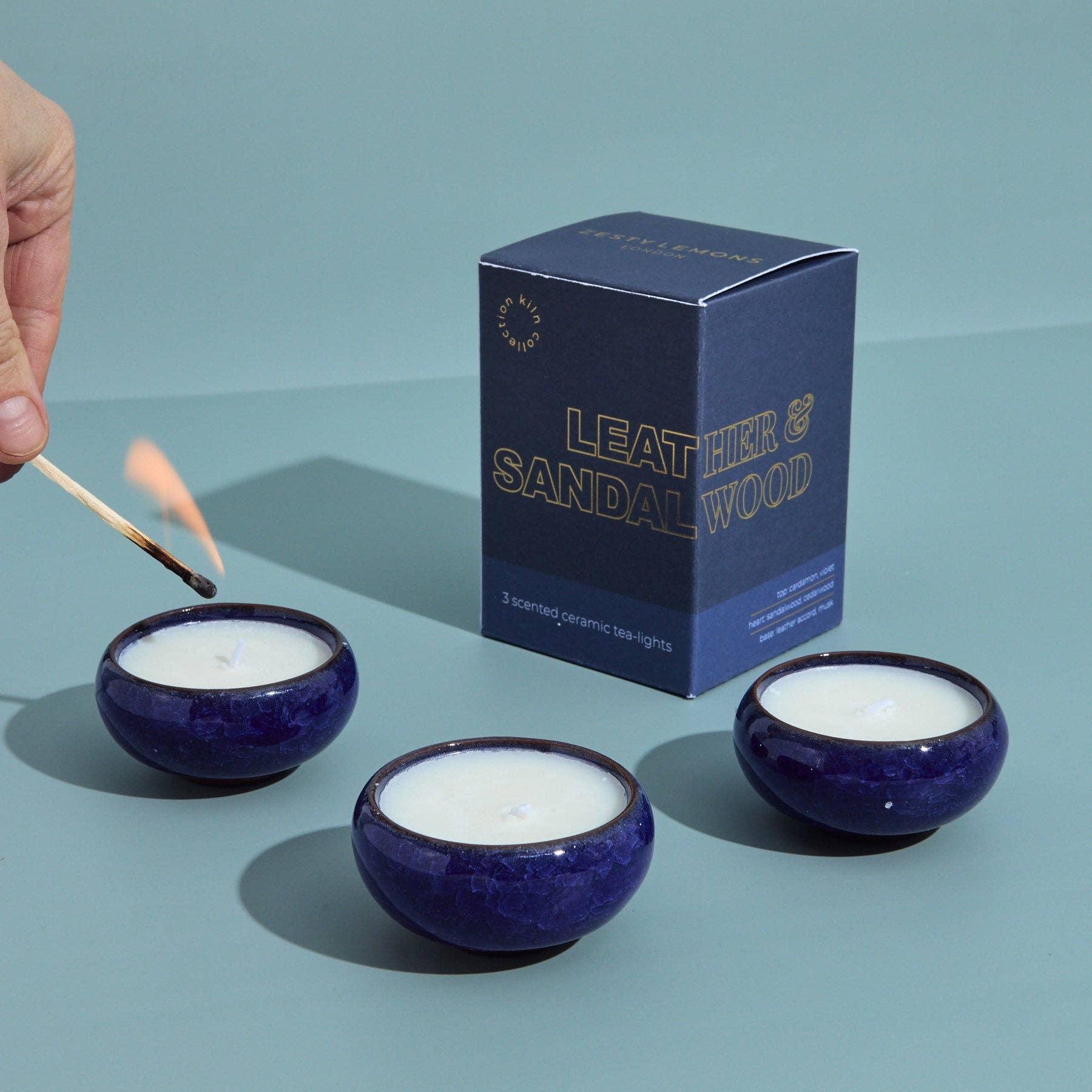 Zesty Lemons Contemporary Kiln Navy Tea Lights - Leather & Sandalwood - Image 2