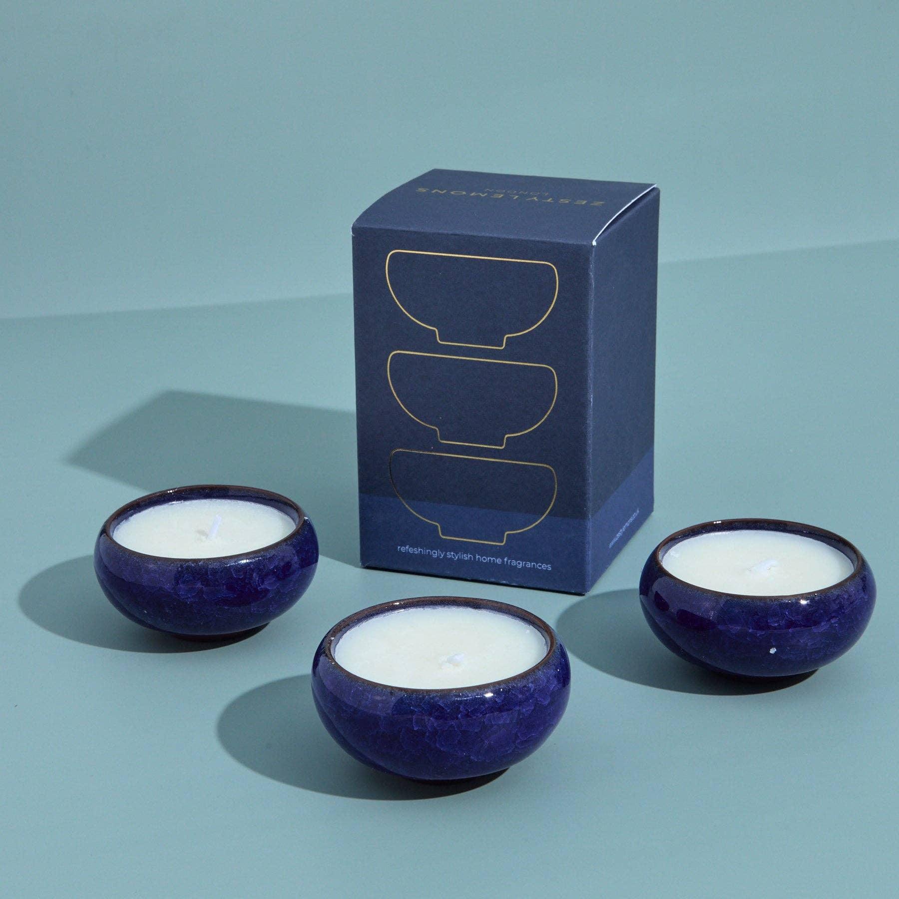 Zesty Lemons Contemporary Kiln Navy Tea Lights - Leather & Sandalwood - Image 4