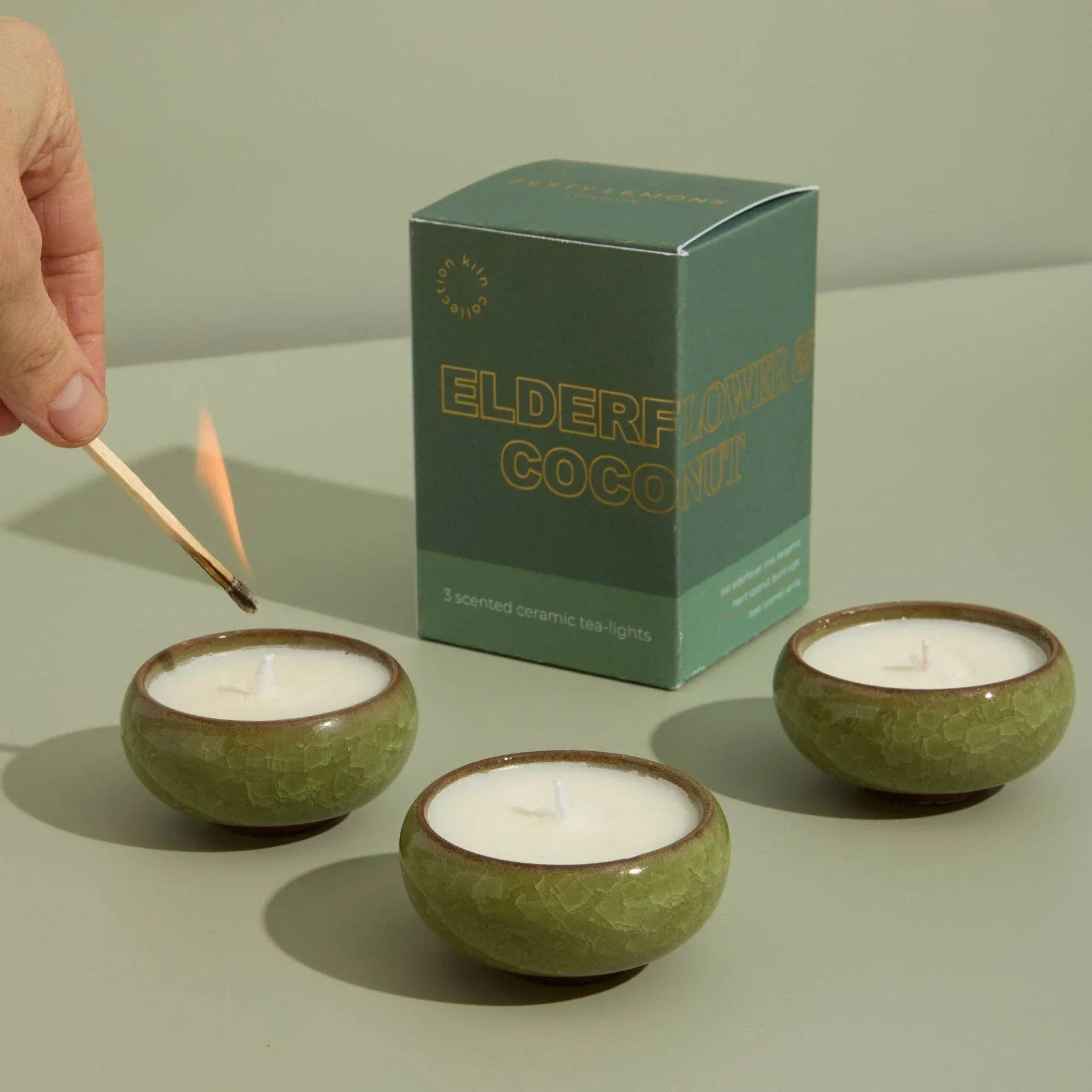 Zesty Lemons Contemporary Kiln Olive Tea Lights - Elderflower & Coconut - Image 2