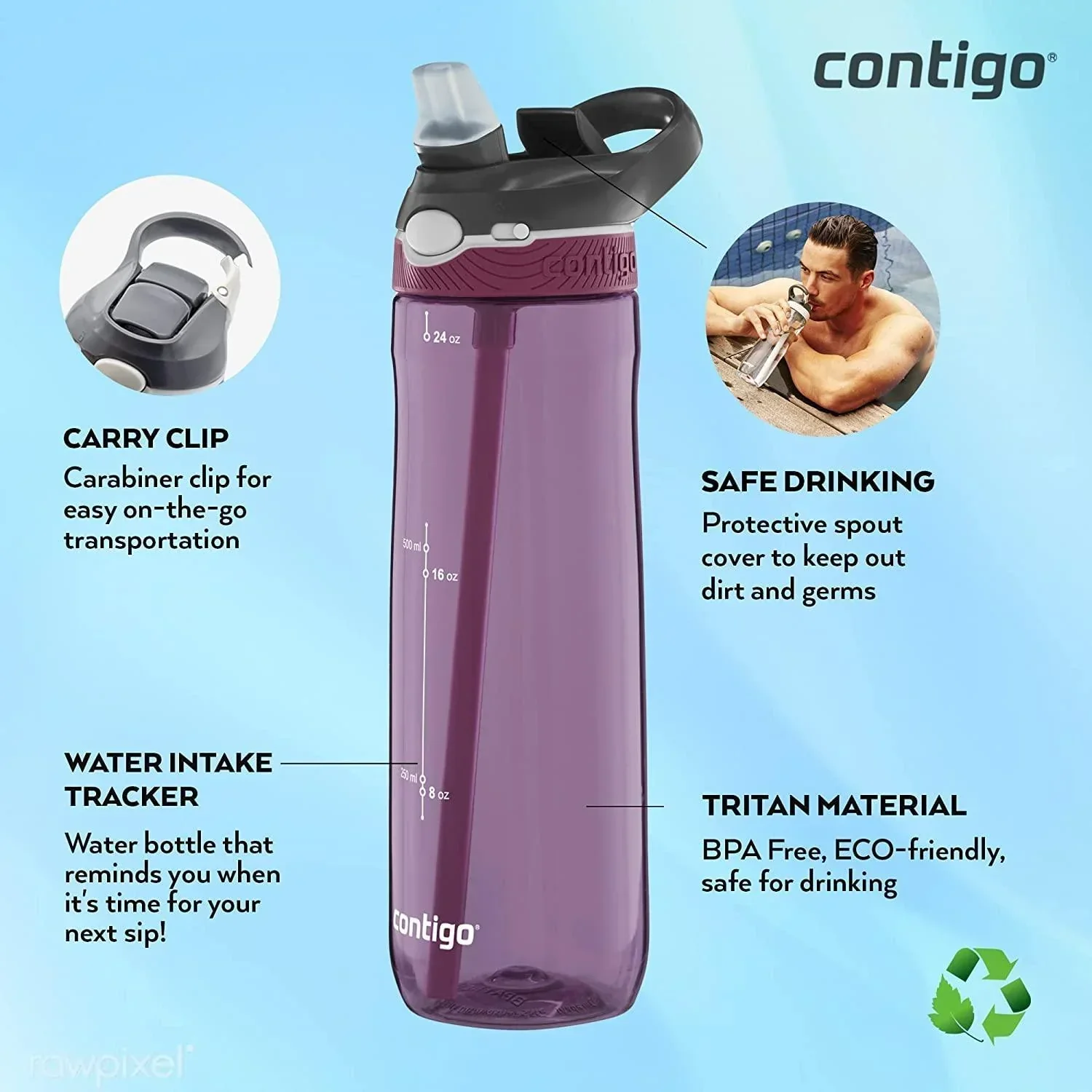 Contigo Ashland Autospout Water Bottle - Passion Fruit (720ml) - Image 3
