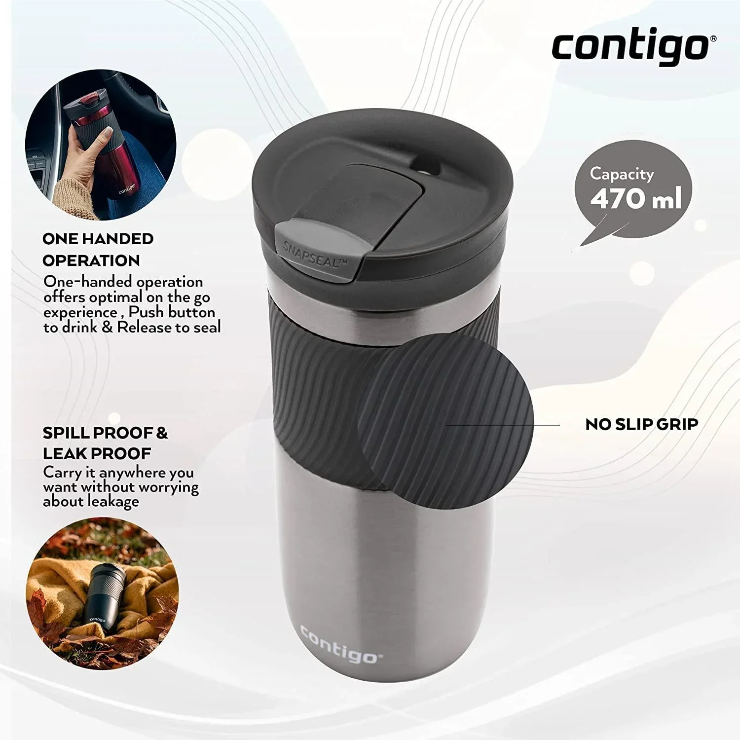 Contigo Byron Snapseal Travel Mug - Gunmetal (470ml) - Image 3