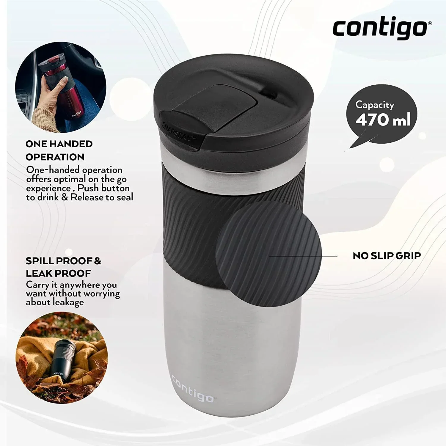 Contigo Byron Snapseal Travel Mug -  Stainless Steel (470ml) - Image 3