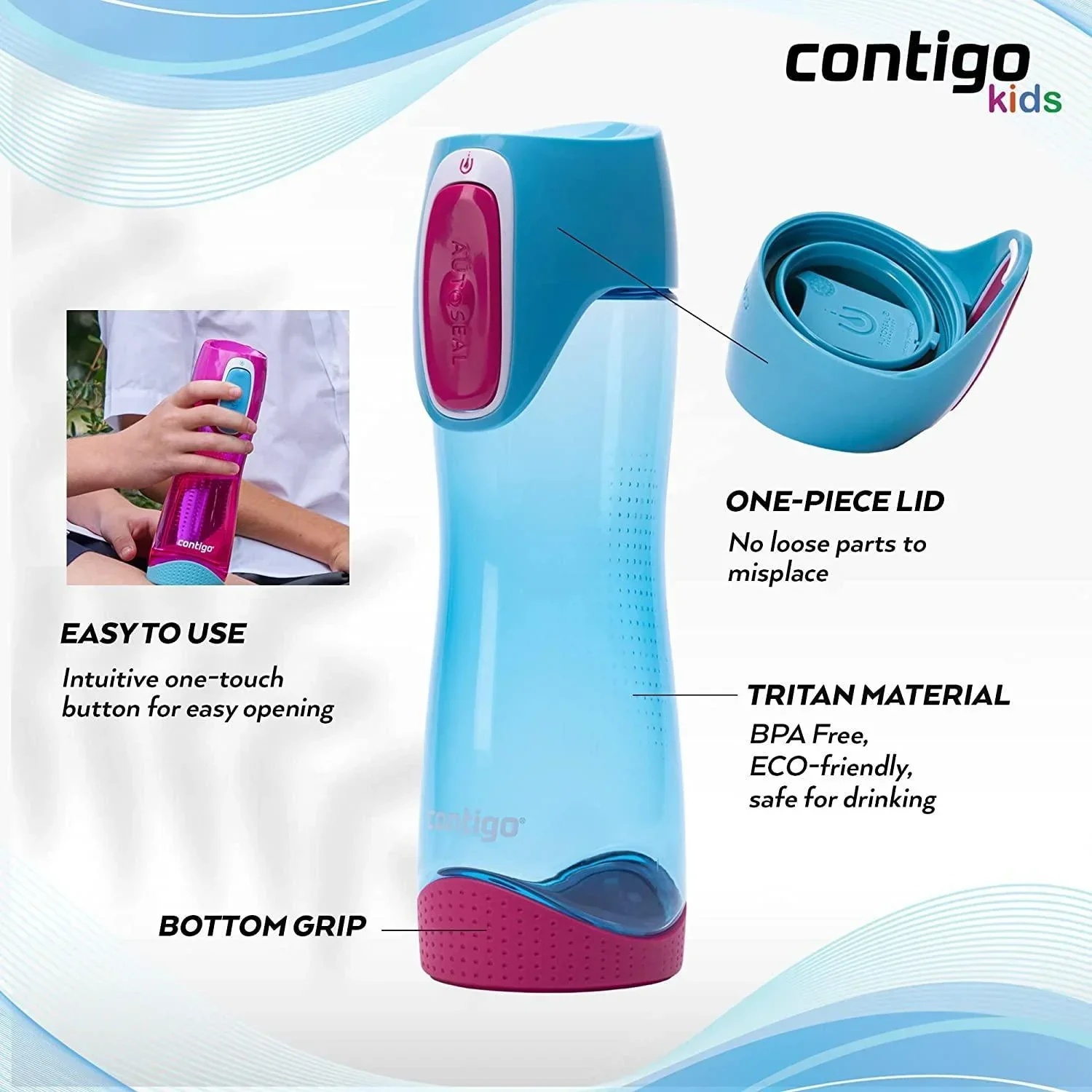 Contigo Swish Autoseal Kids Water Bottle - Skyblue (500ml) - Image 3