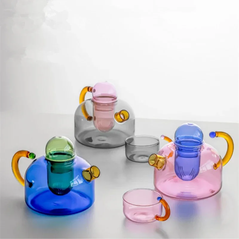 Contrasting Colored Glass Teapot - Pink with Blue Strainer - Image 4