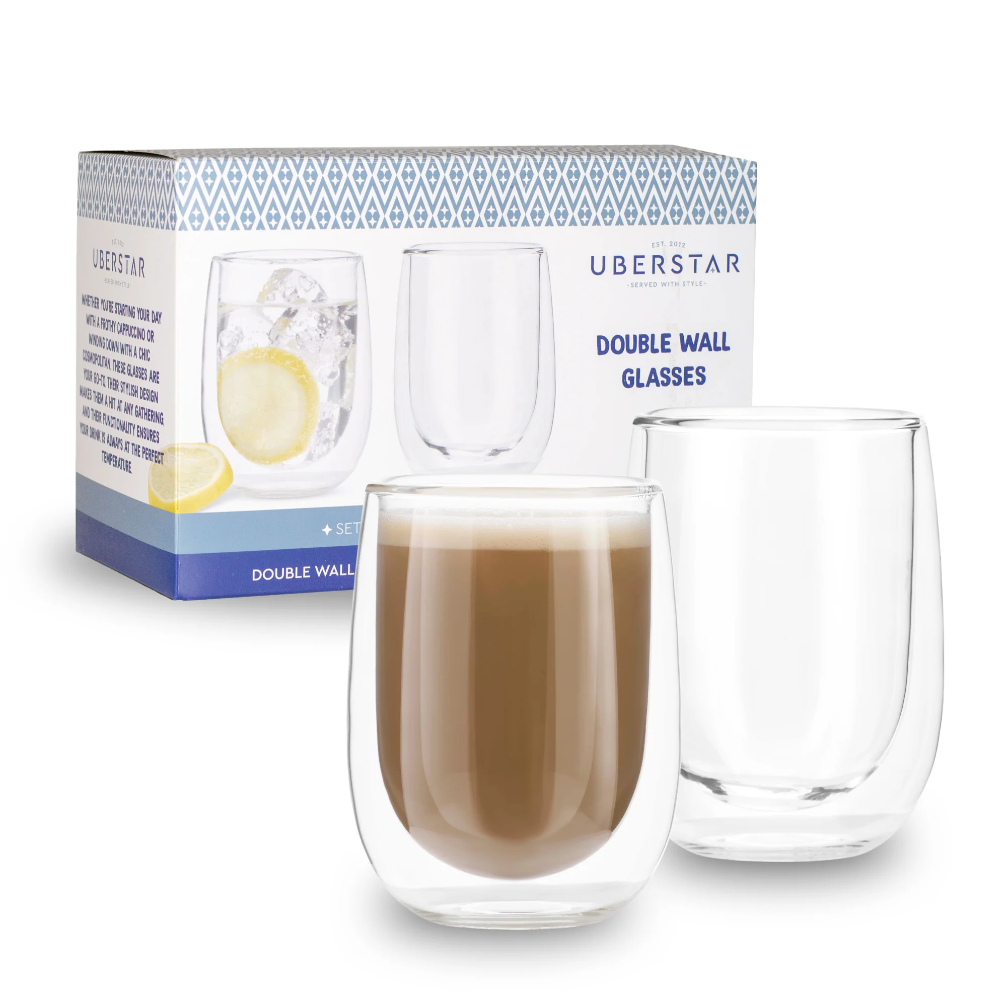 Uberstar Double Wall Insulated Glass Coffee Cups 300ml (Set of 2)