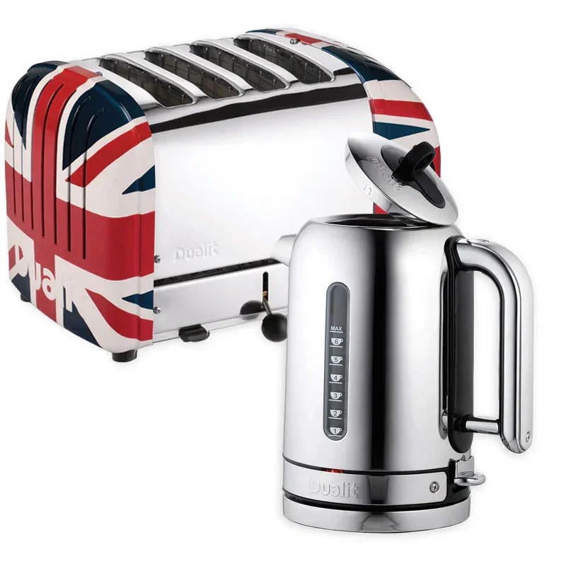 Dualit Union Jack Stainless Steel 4 Slice Toaster & Classic Polished Steel 1.7 Litre Kettle Set