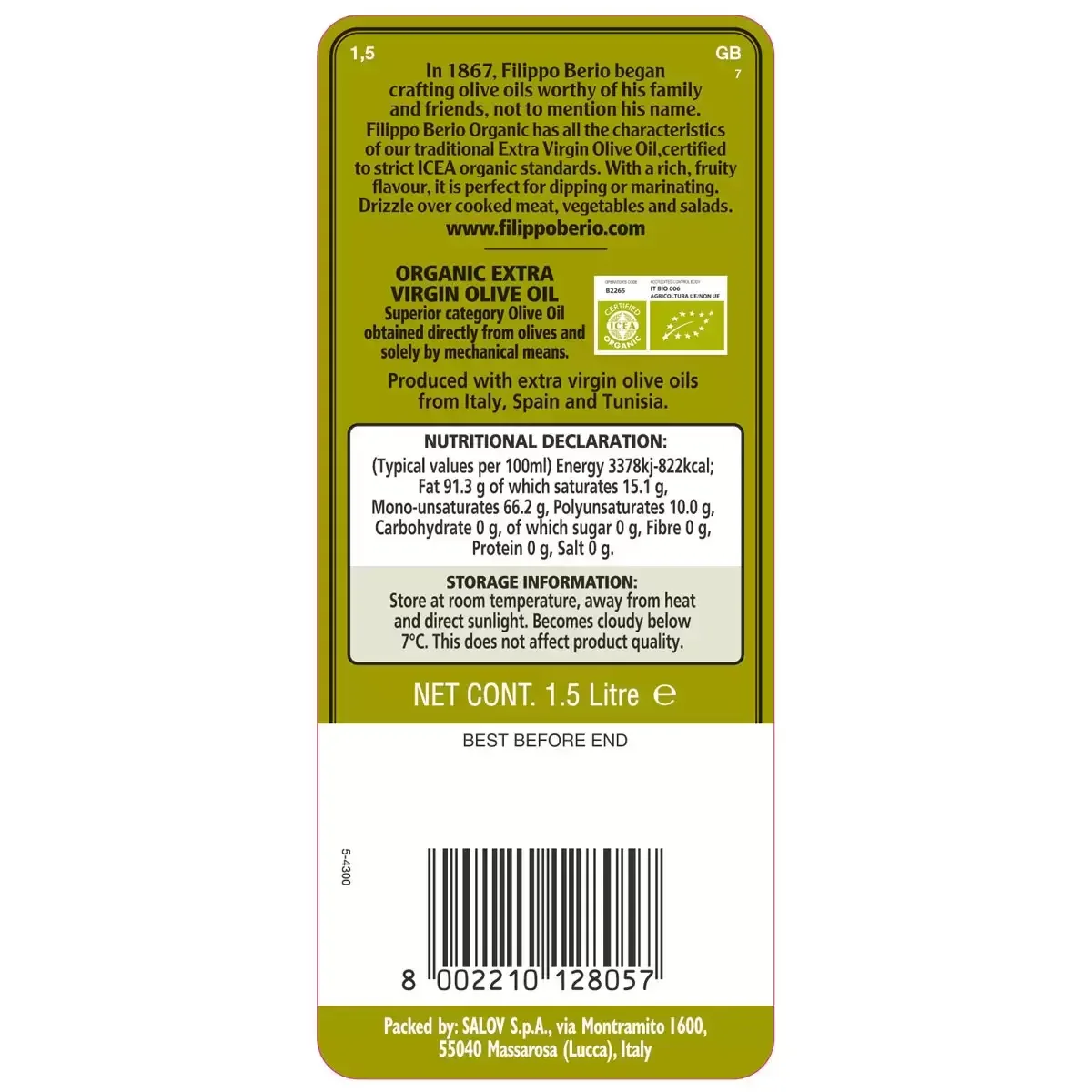 Filippo Berio Organic Extra Virgin Olive Oil (1.5L) - Image 2