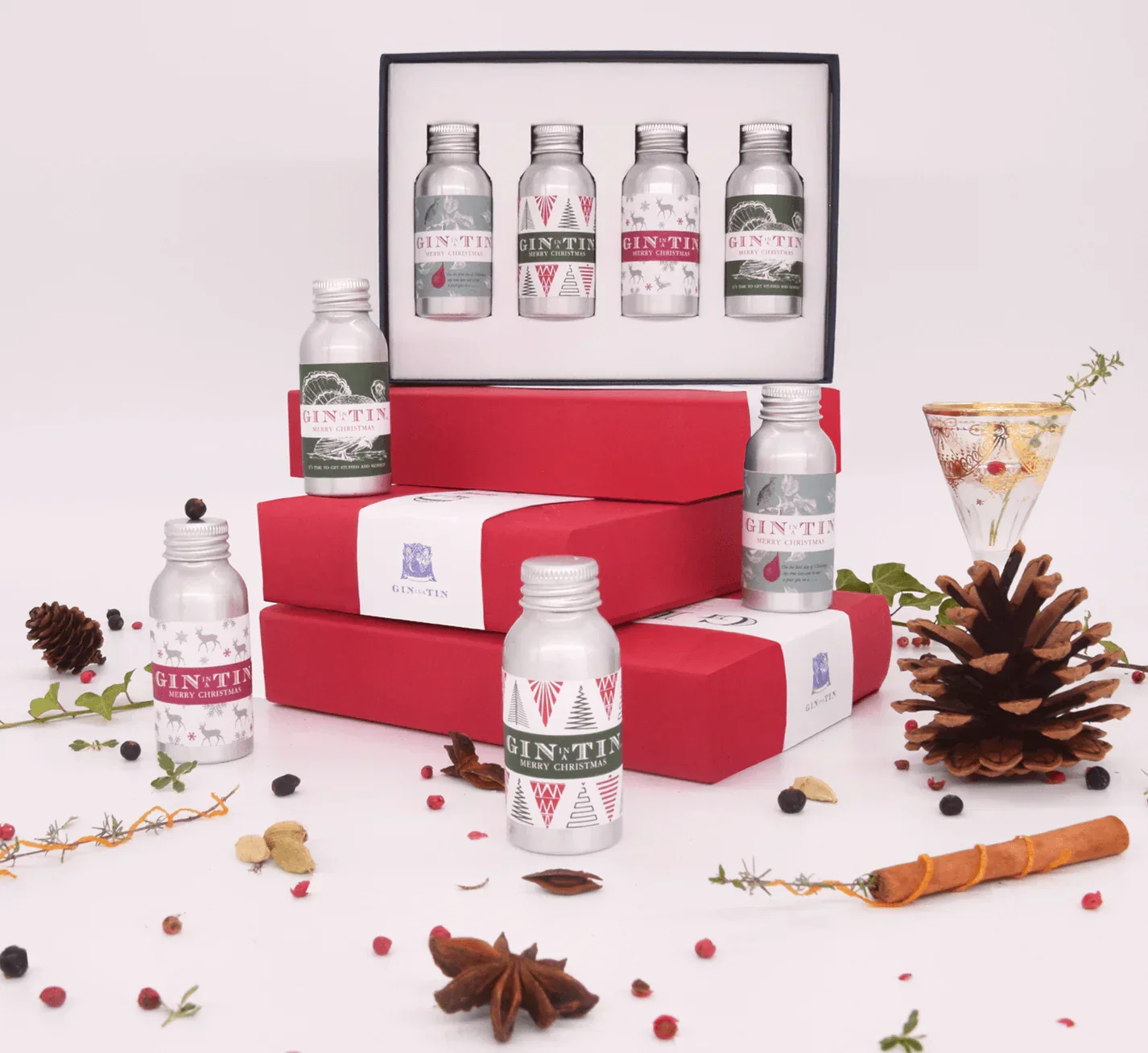 Gin In A Tin, Xmas Illustrated Gift Set Of Four - Red Box (4x35ml)