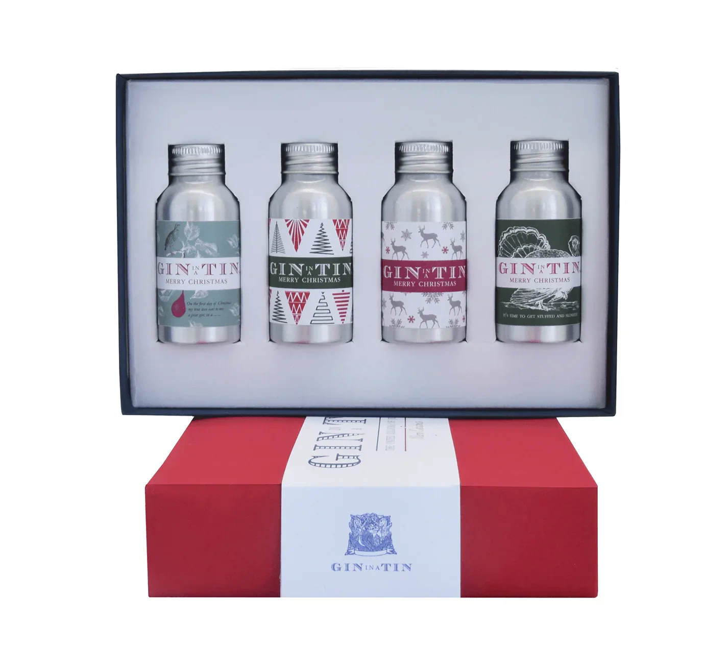 Gin In A Tin, Xmas Illustrated Gift Set Of Four - Red Box (4x35ml) - Image 2