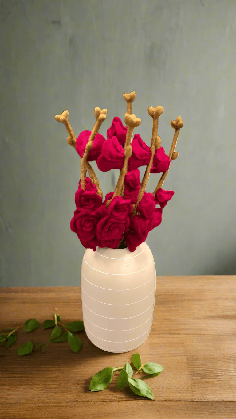 Gry & Sif Felted Wool Florals Branch With Cherise Roses (50cm)