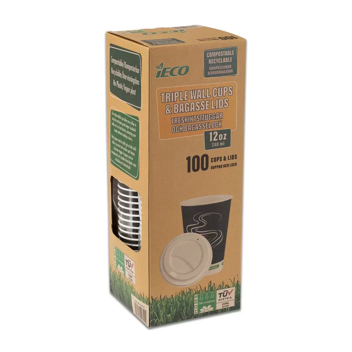 Ieco Recyclable Triple Wall Hot Cups & Lids - 12oz (100 Pack)