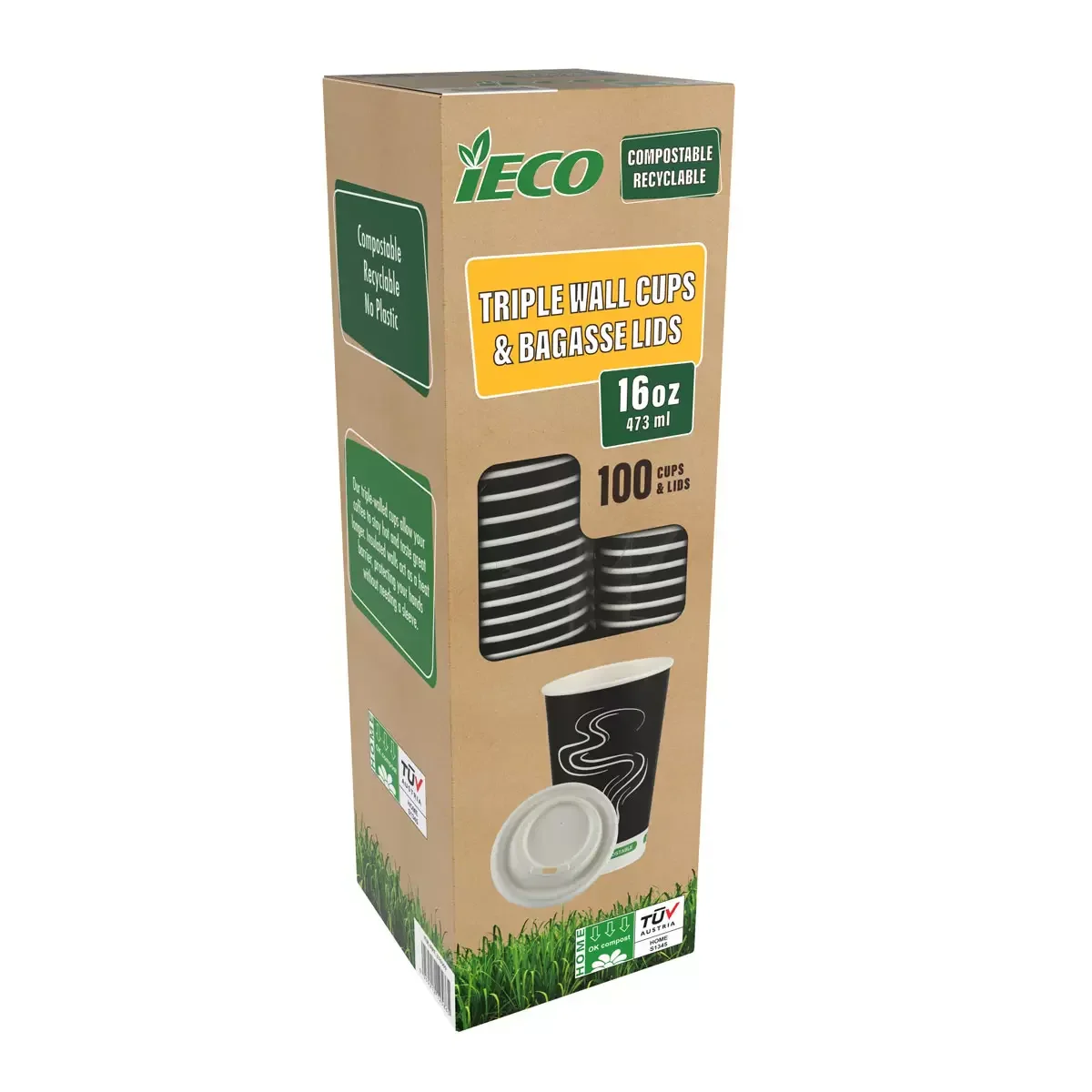 Ieco Recyclable Triple Wall Hot Cups & Lids - 16oz (100 Pack)