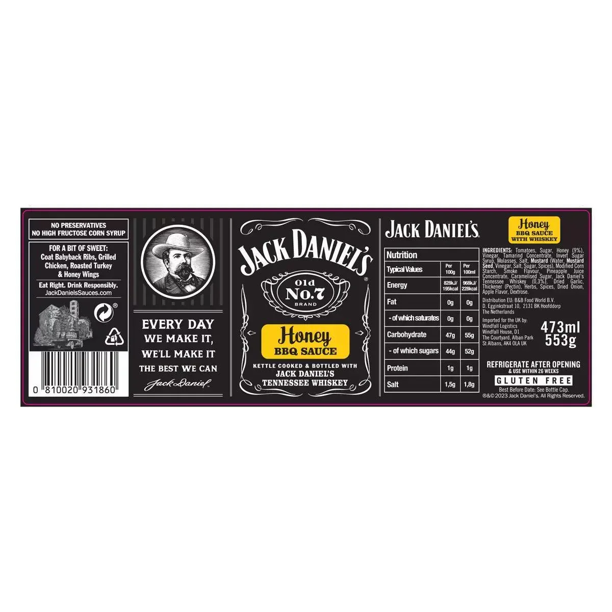 Jack Daniel's BBQ Sauce - Gluten Free Honey (553g) - Image 2