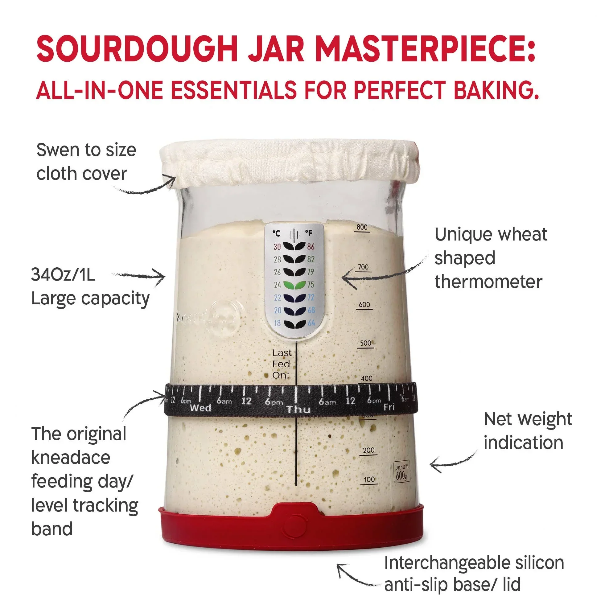 KneadAce PRO Sourdough Kit with Oval Proofing Basket (34oz Jar) - Image 6