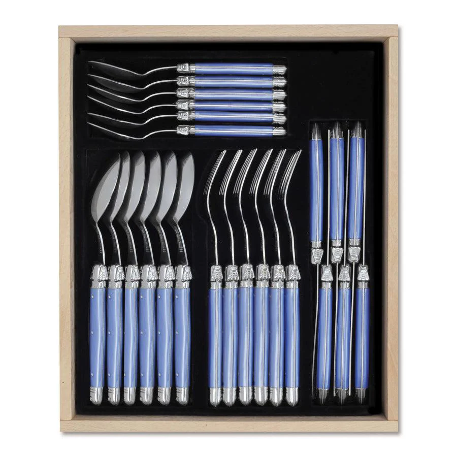 Laguiole Cutlery Set of 24 in a Black Tray - Pearl Blue