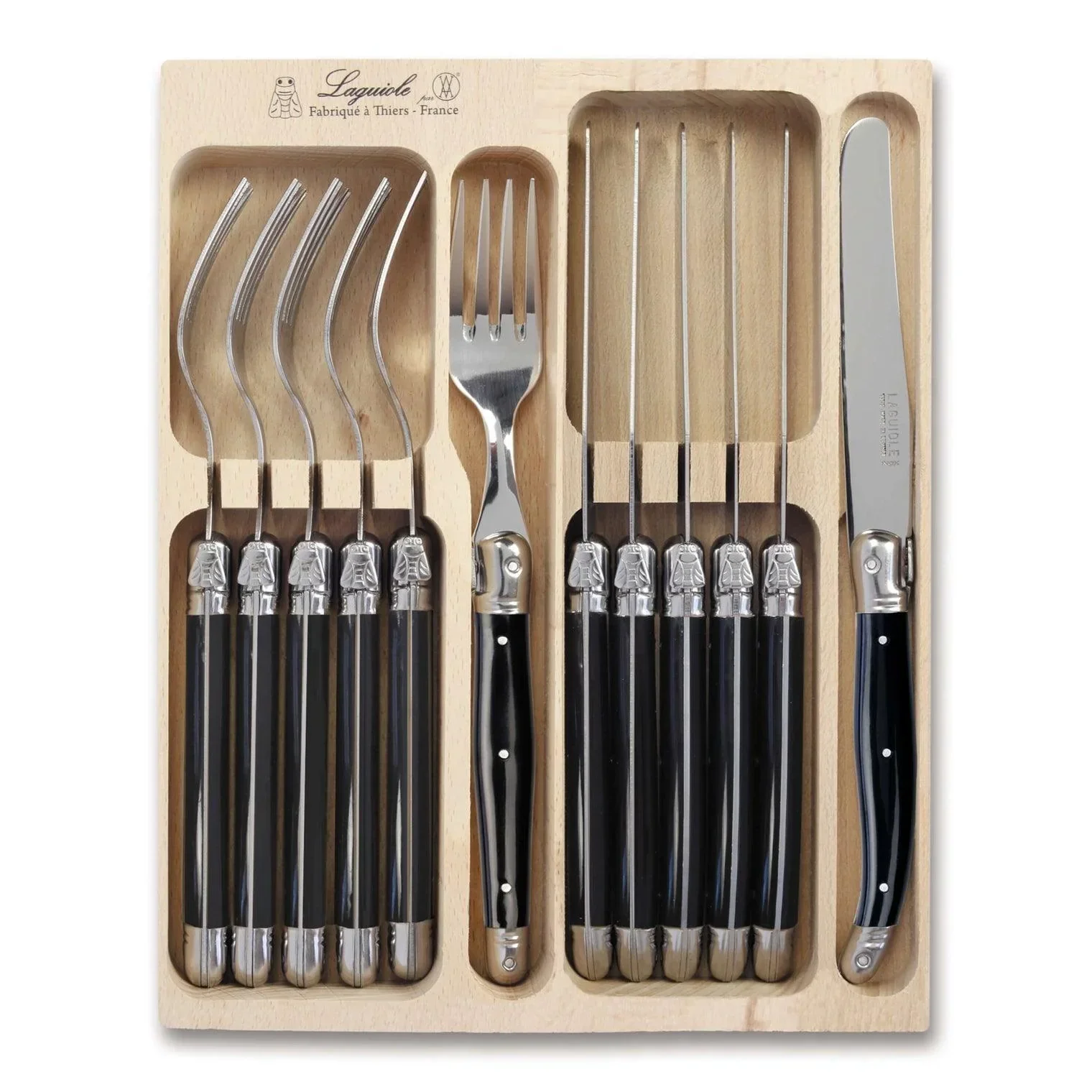 Laguiole French Style 12 Piece Knife & Fork Set In Wooden Tray - Black