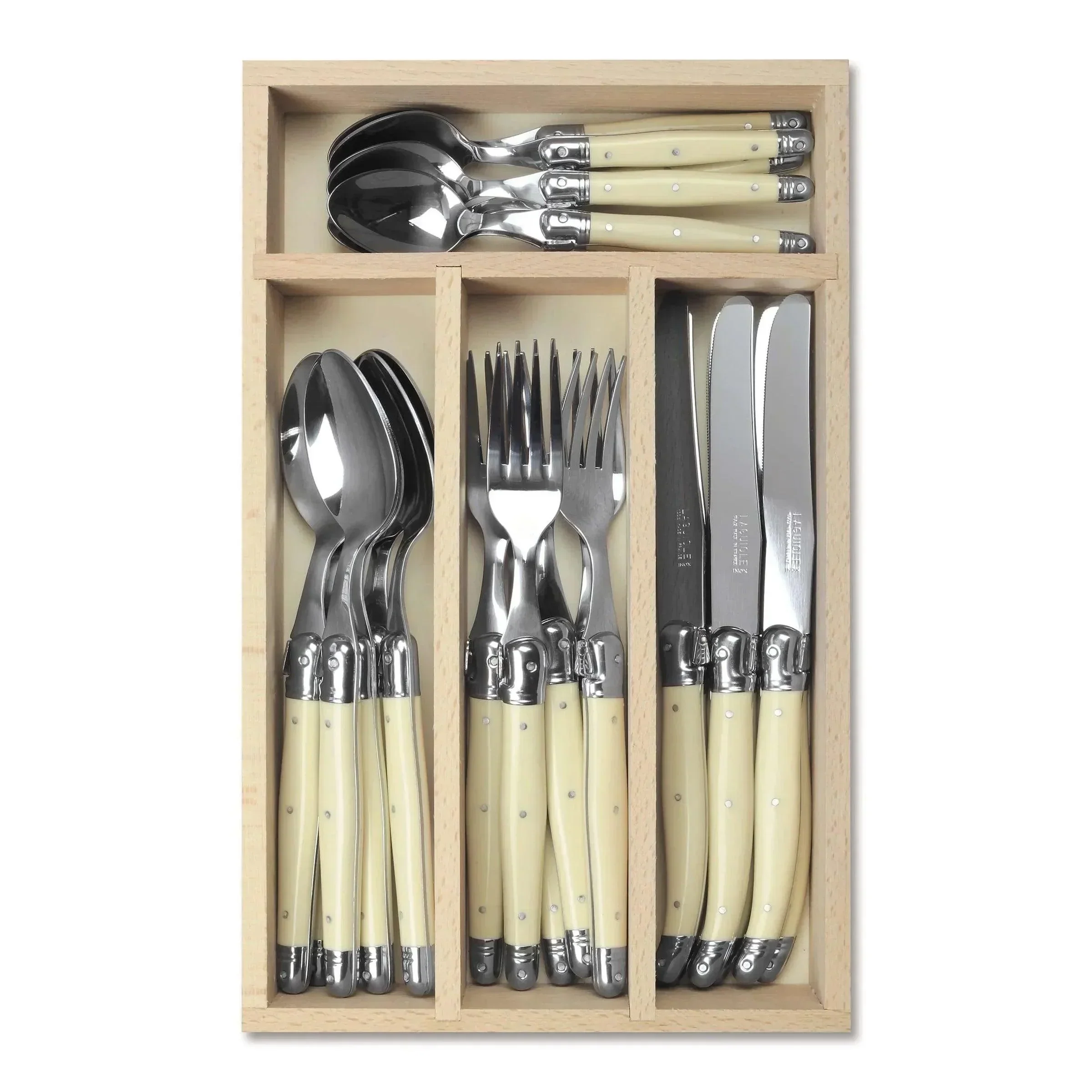 Laguiole French Style Set Of 24 Piece Fine Dining Cutlery Set In Wooden Tray - Ivory White