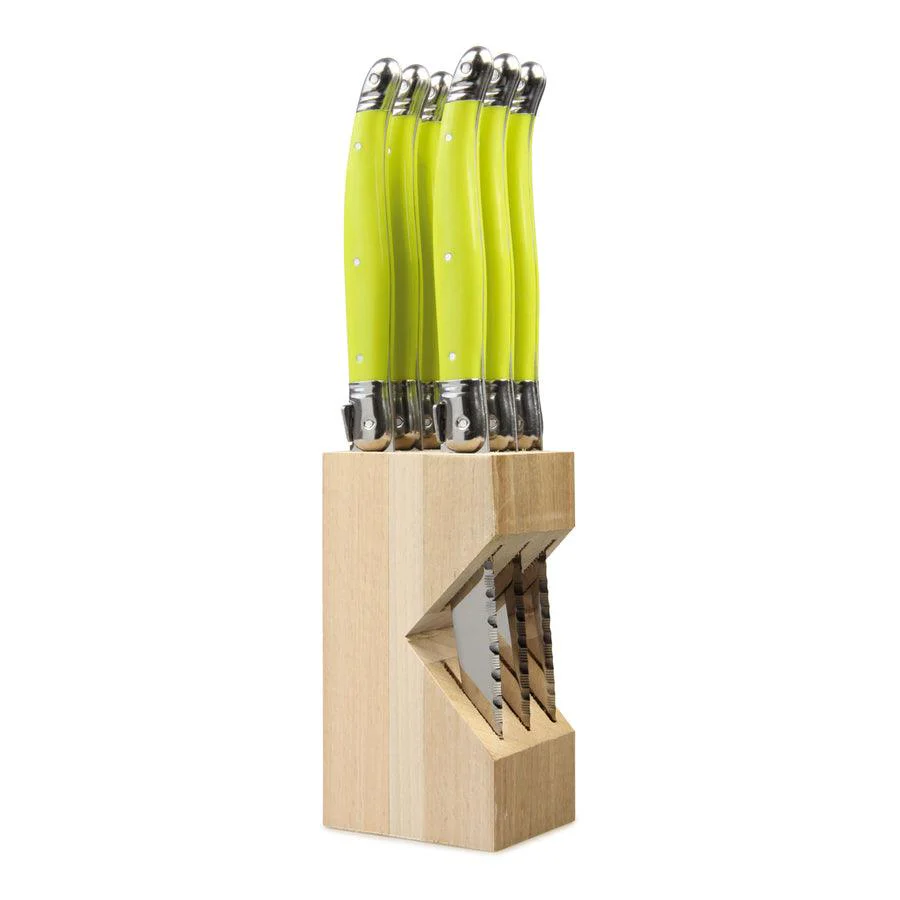 Laguiole French Style Set of 6 Fine Dining Steak Knife In Block - Lime