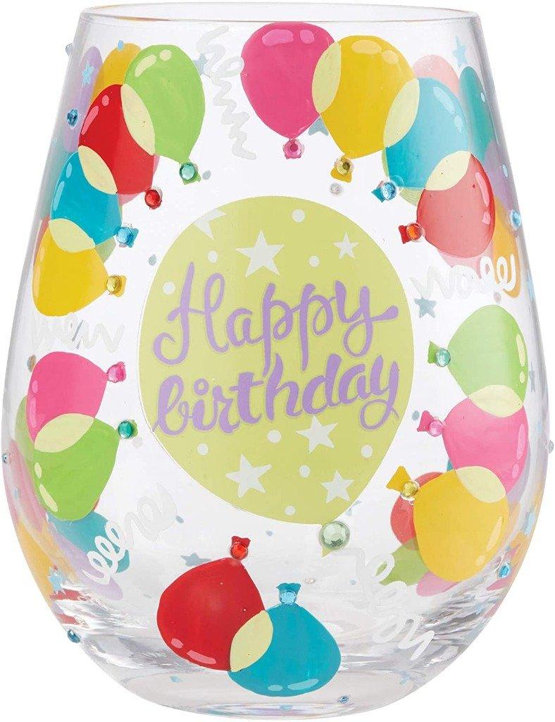 Lolita Happy Birthday Balloons Artisan Hand-Painted Stemless Wine Glass