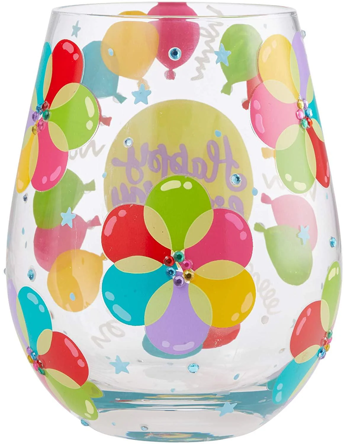 Lolita Happy Birthday Balloons Artisan Hand-Painted Stemless Wine Glass - Image 2