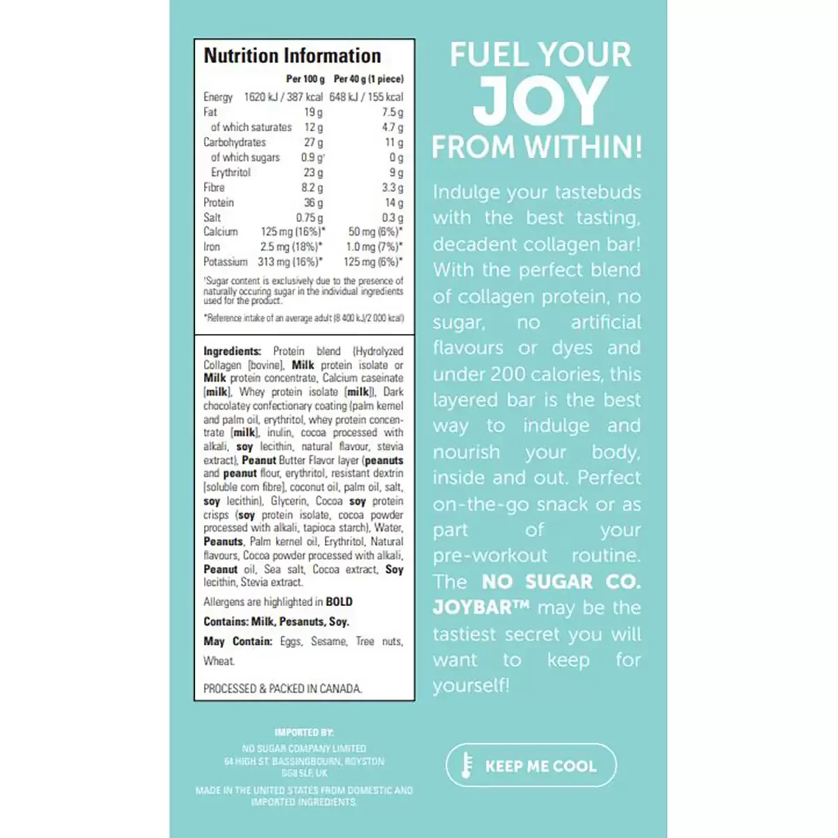 No Sugar Company Joy Bar Chocolate & Peanut Butter Collagen Bar (12x40g) - Image 2