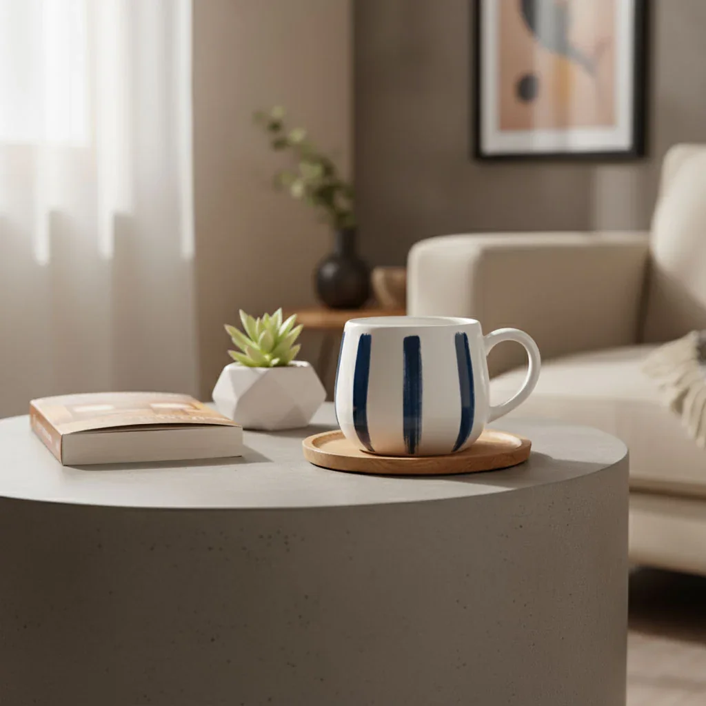Nordic Style Ceramic Coffee Mug with Irregular Rim - Cobalt Stripe