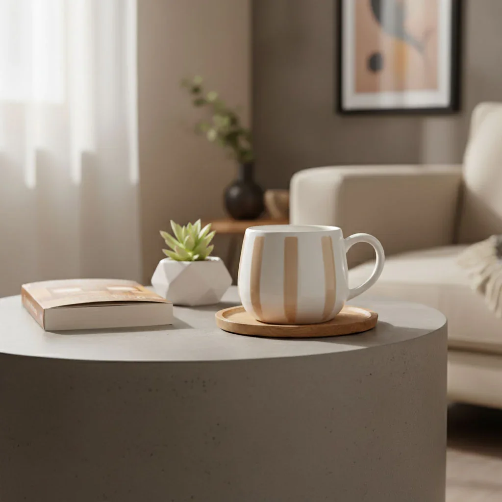 Nordic Style Ceramic Coffee Mug with Irregular Rim - Nude Stripe