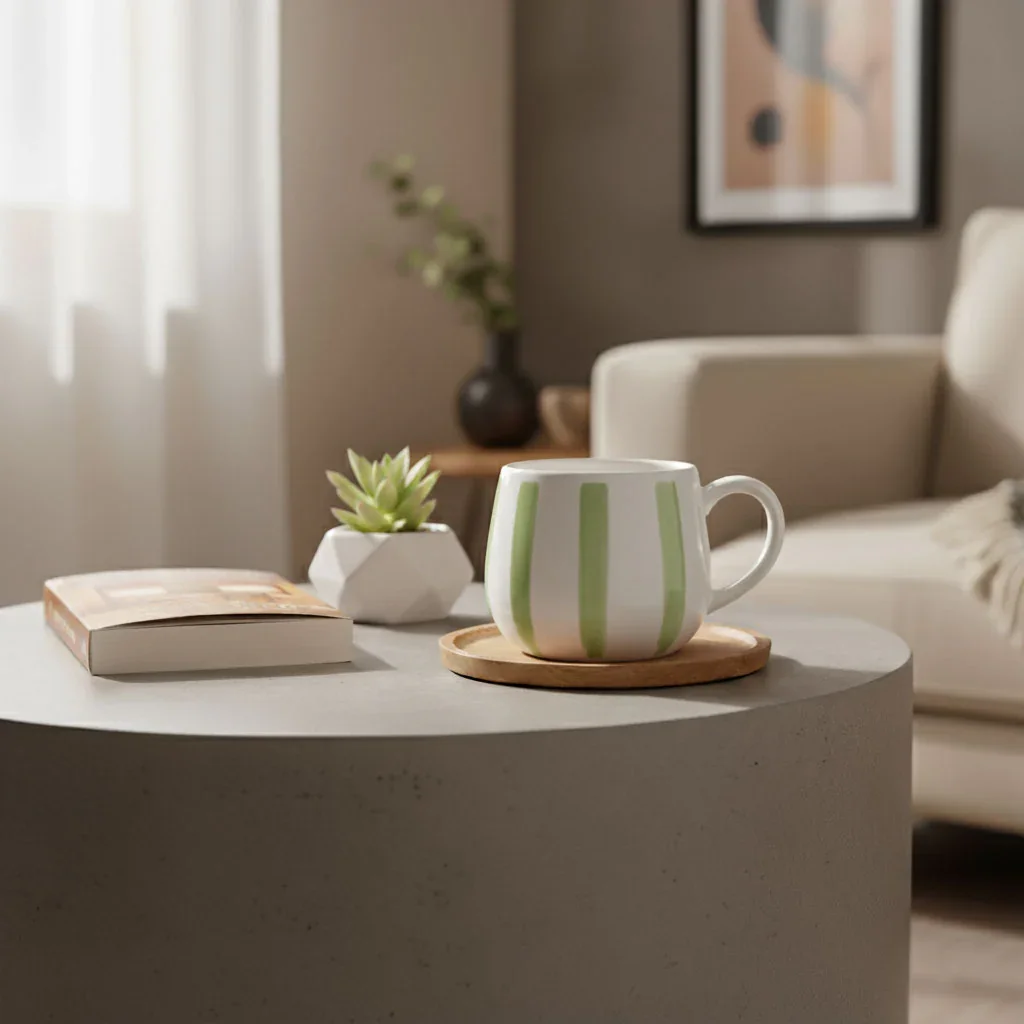 Nordic Style Ceramic Coffee Mug with Irregular Rim - Sage Stripe