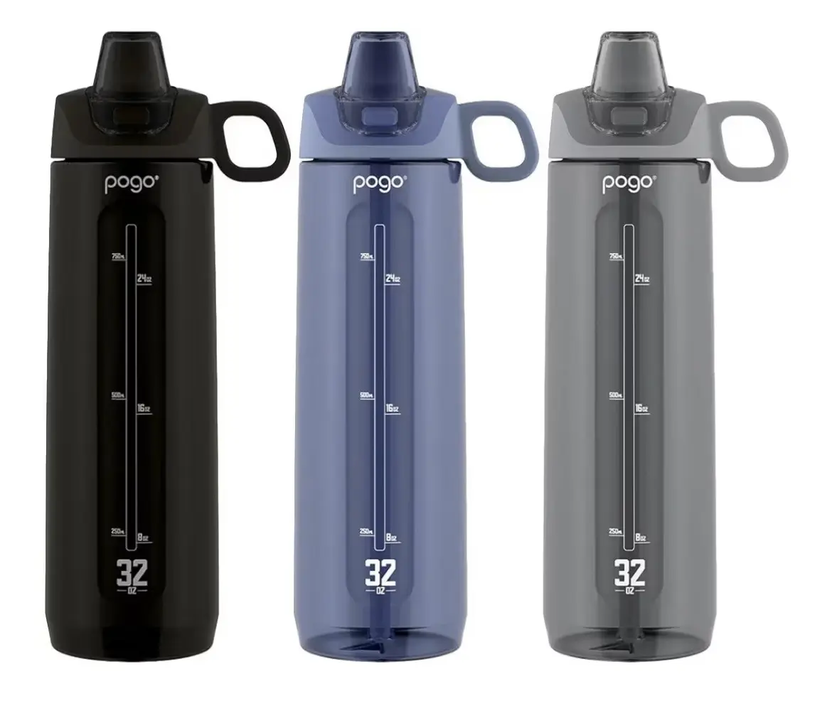Pogo Tritan Water Bottle 946ml (3 Pack) ‚Äì BPA-Free Reusable Sports Bottles, Storm, Black & Grey