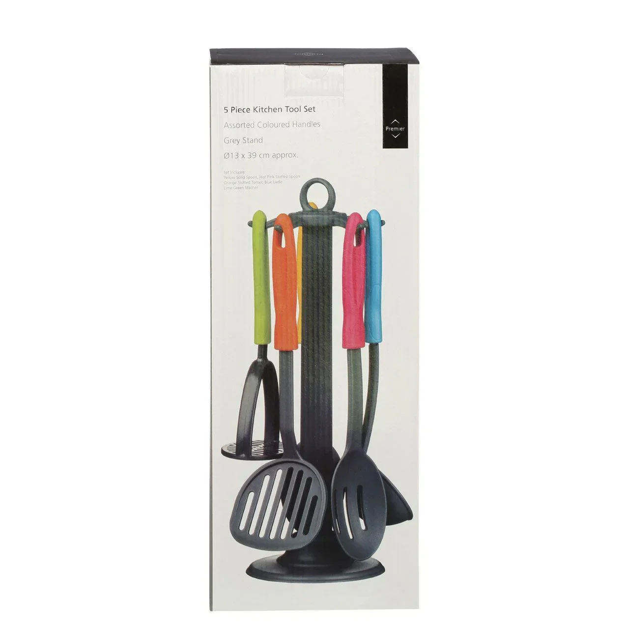 Premier Housewares Kyoto 5pc Grey Nylon Kitchen Tool Set with Grey Stand/Multi Colour Handles - Image 3