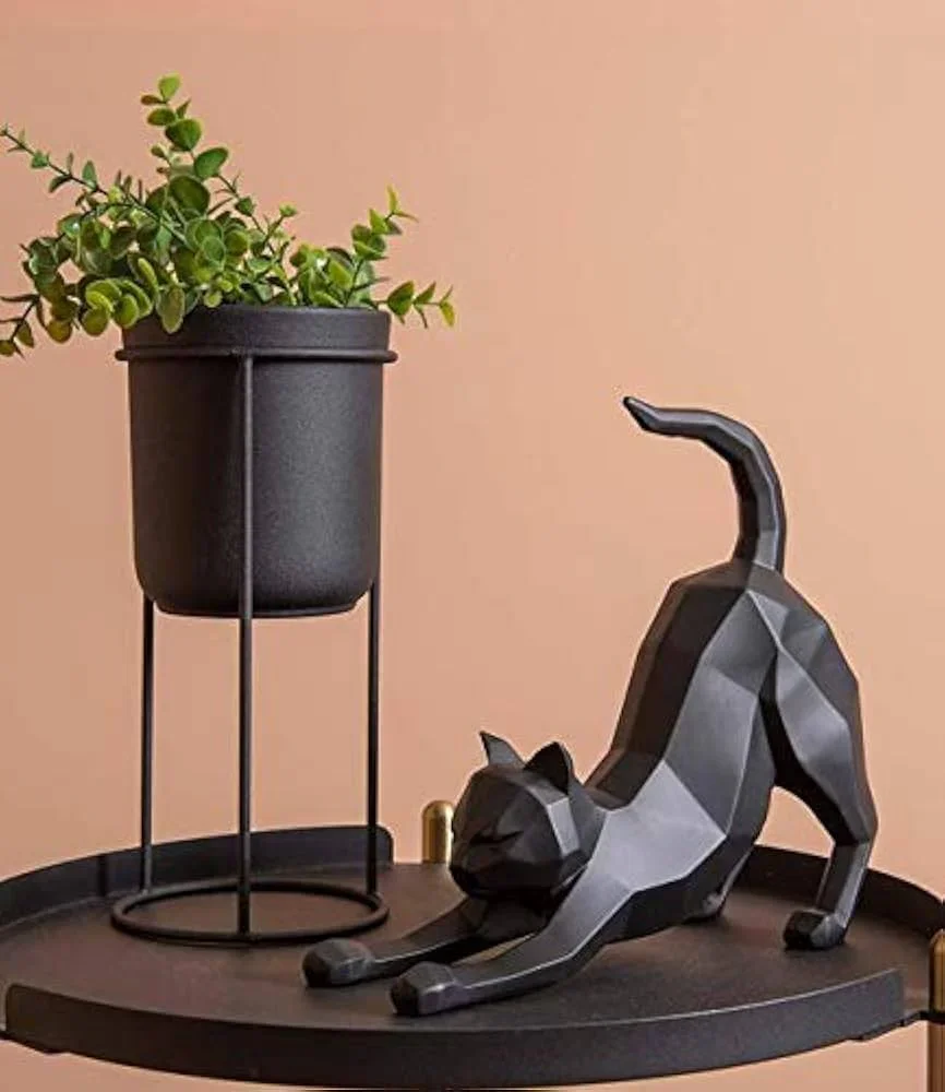 Present Time ORIGAMI Stretching Cat Statue - Matt Black - Image 3