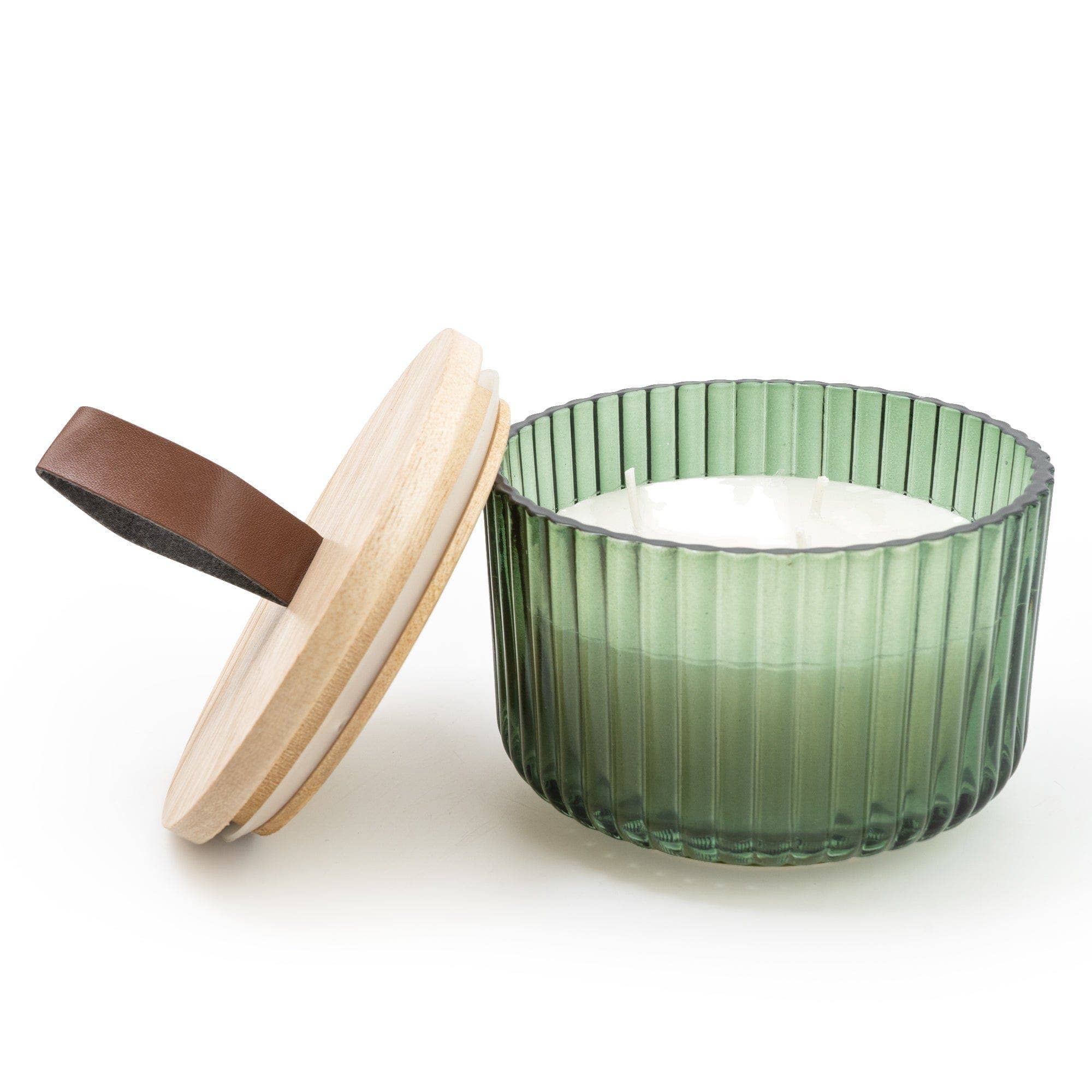 Ridged Glass Jar with Wooden Lid - Olive Green Sicilian Basil & Wild Lemon Scent