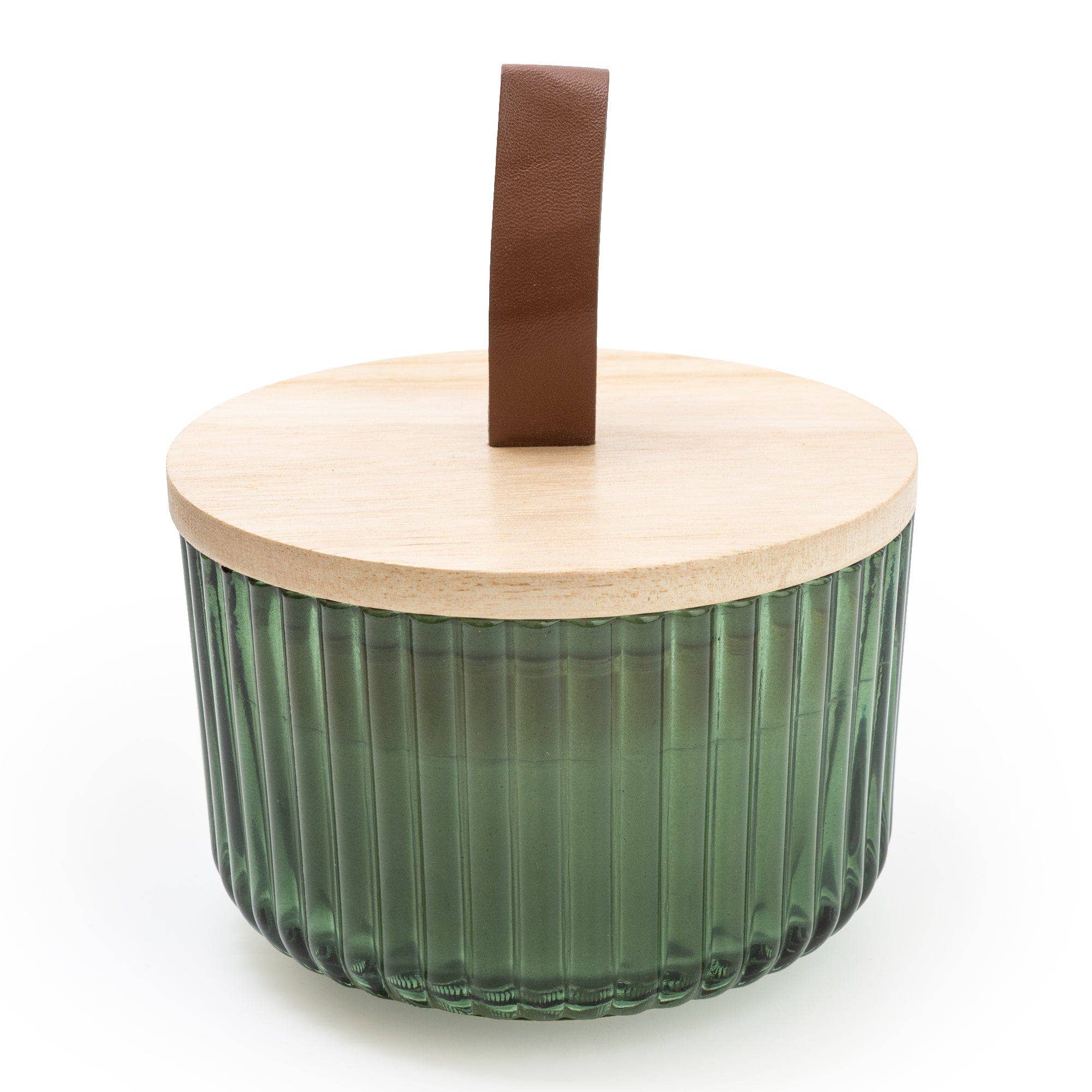 Ridged Glass Jar with Wooden Lid - Olive Green Sicilian Basil & Wild Lemon Scent - Image 2